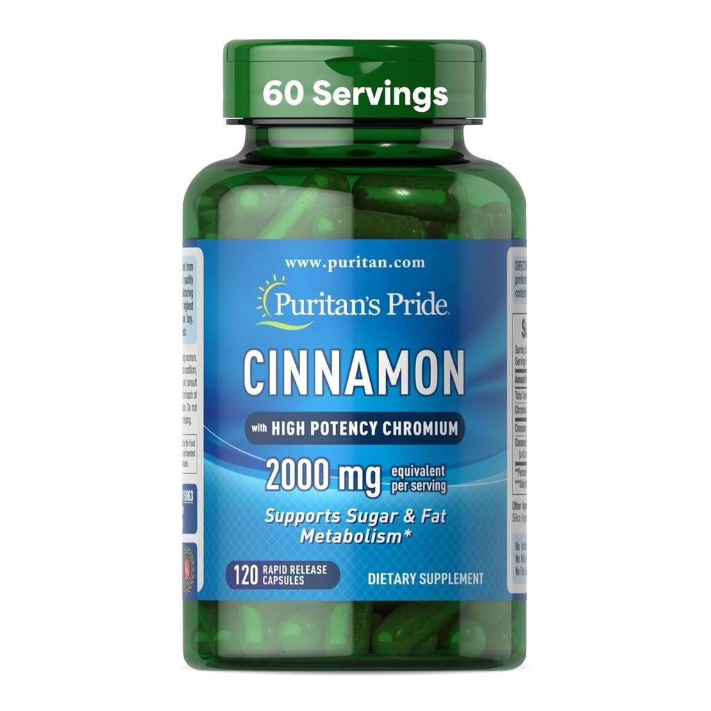 Puritan's Pride Cinnamon 875 mg (2000 mg Equivalente) con High Potency Chromium, Supporta lo zucchero, il grasso e il metabolismo nutriente sano, l'energia cellulare, 2 mesi di alimentazione, 120 capsule di rilascio rapido