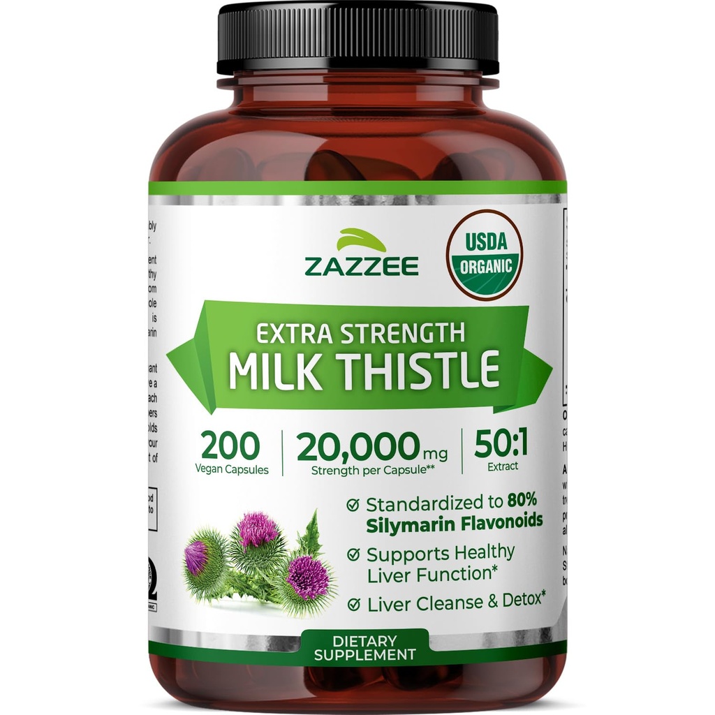 Zazzee USDA Organic Milk Thistle 50:1 Extract, 80% Silymarin Flavonoids, 200 Vegan Capsules, 6+ Mesi di Alimentazione, Silybum Marianum, Supporto per il fegato & Detox Support, Organic All-Natural, Non-OGM, Made in USA