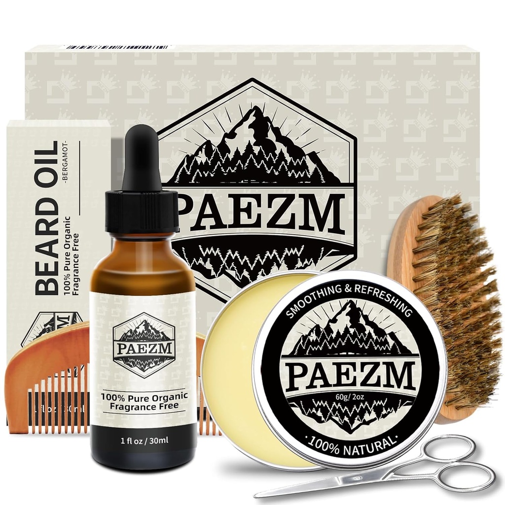 5 pezzi del cuscinetto Grooming Kit per gli uomini, tra cui tutto l'olio del cuscinetto naturale, il cuscinetto Balm con il profumo di arancio dolce, la culla, le forbici, la borsa di stoccaggio, il set di cura del cuscinetto regalo di Natale di compleanno del padre per lui