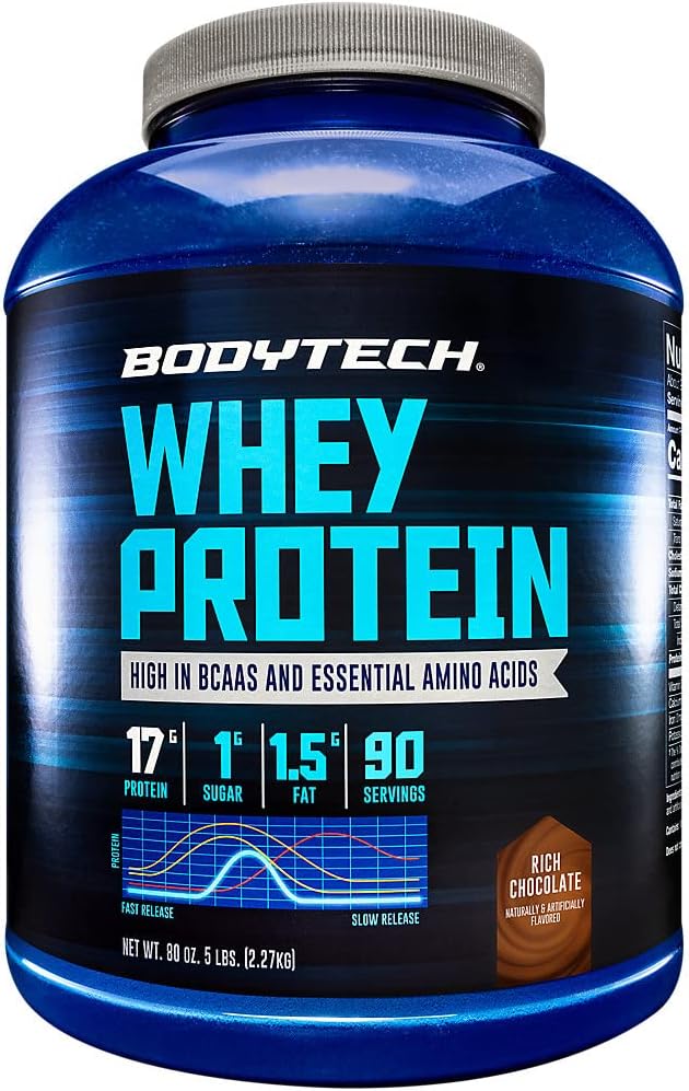 BodyTech Whey Protein - con 17 Grammi di Proteine per Serving Ideale per la costruzione del muscolo post-allenamento, Contiene latte e soia - Cioccolato ricco (5 Pound)