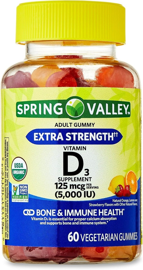 IKJ Vitamina D3 Bone & Immune Salute Integratore alimentare vegetariano Gummies, 125 mcg (5.000 IU), 60 conte