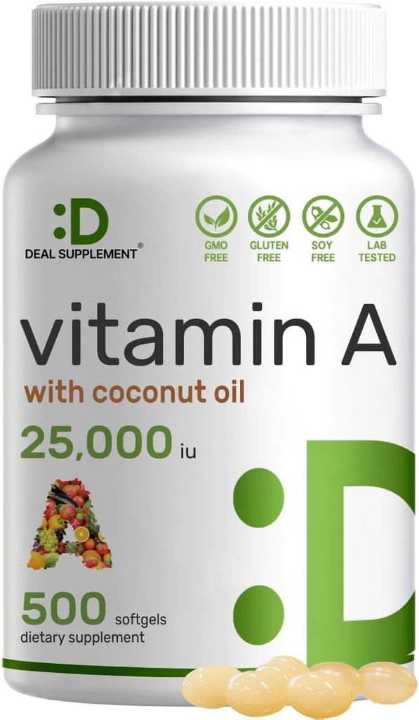 Vitamina A 25000 IU, 500 Softgel dell'olio di cocco | Facilmente assorbito, origine naturale dell'olio del fegato di pesce – Vitamine per occhio, Immune, & salute della pelle – Facile da ingoiare, Non OGM