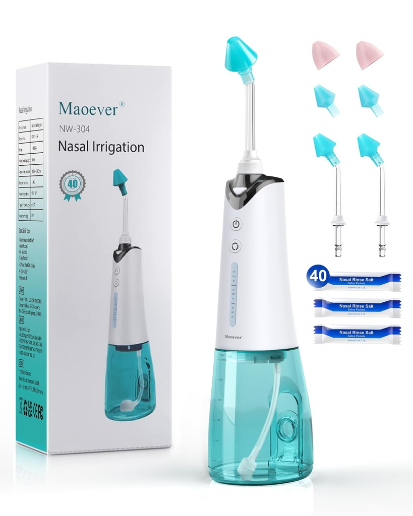 Sistema di irrigazione nasale, Risciacquatrice nasale senza cordone per la cura del naso e del nasale, Vaso di neti elettrico con 6 punte e 40 pacchetti di sale Irrigazione nasale Sinus Rinse Kit di sistema per adulti e bambini