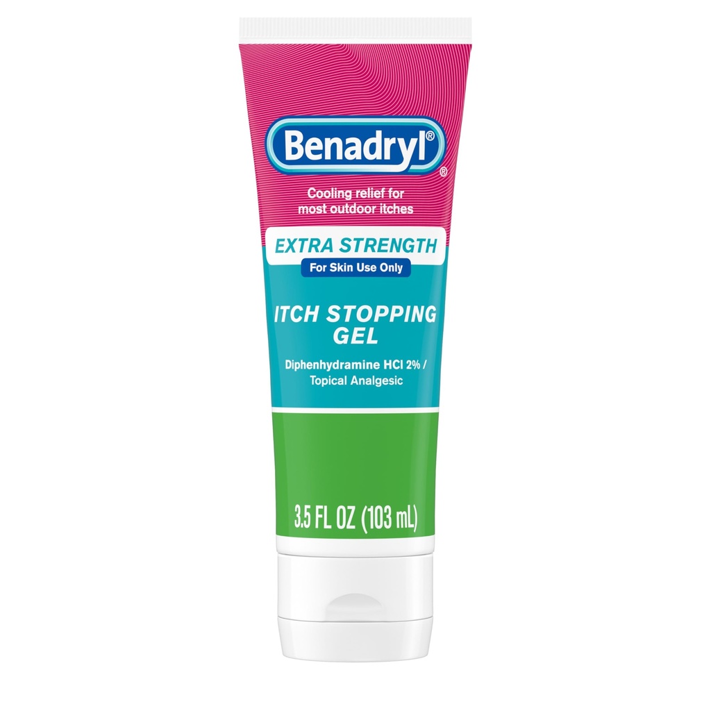 Benadryl Extra Strength Anti Itch Relief Gel, 2% Diphenhydramine HCl, Rilievo da Insect Bites, Sunburn & More, Grande per Camping Essentials, 3.5 fl oz