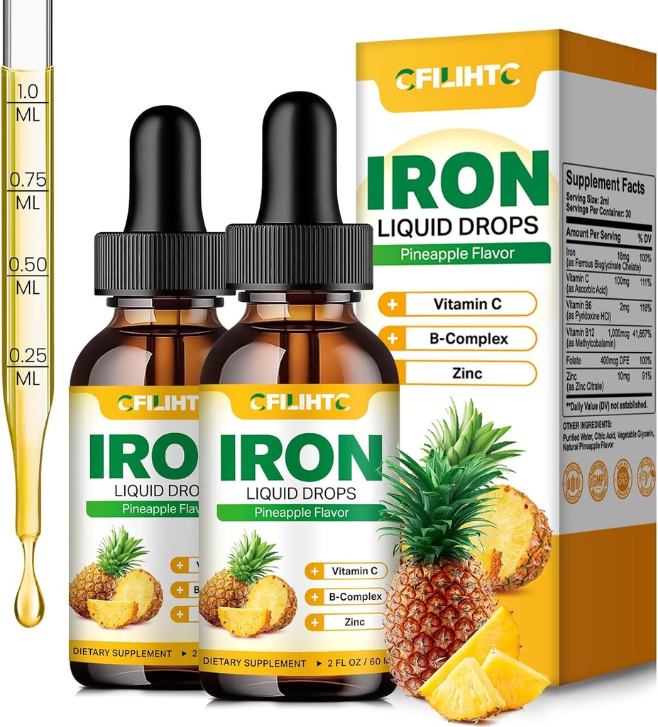 Supplemento di ferro liquido per le donne uomini e bambini gocce di ferro multivitaminico con Folate, vitamina C, B6, B12, zinco per l'anemia, carenza di ferro, Costruttore di sangue, energia - aroma naturale di ananas, Vegan 4 Fl Oz