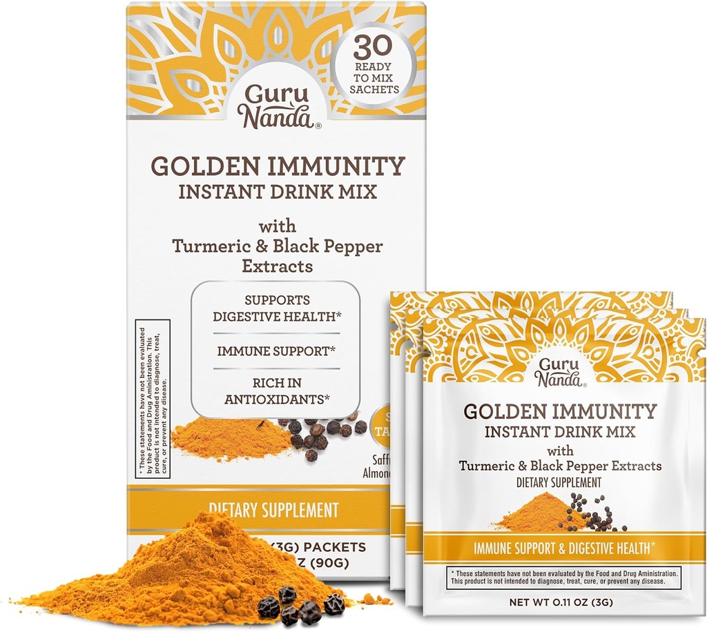 GuruNanda Golden Immunity Instant Drink Mix con Turmeric & Black Pepper - Ricco di antiossidanti per sostenere il sistema immunitario e la salute digestiva - Zafferano e mandorla aromatizzata, On-The-Go Sachets (30 Conte)