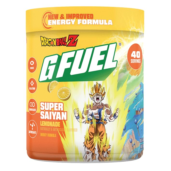 G Fuel Dragon Ball Z Energy Drink Powder, Pre Workout Caffeine Mix for Gaming, Sugar Free Focus Amino, Vitamina + Antiossidanti, 9.9oz (Lemonade, 40 Serve)