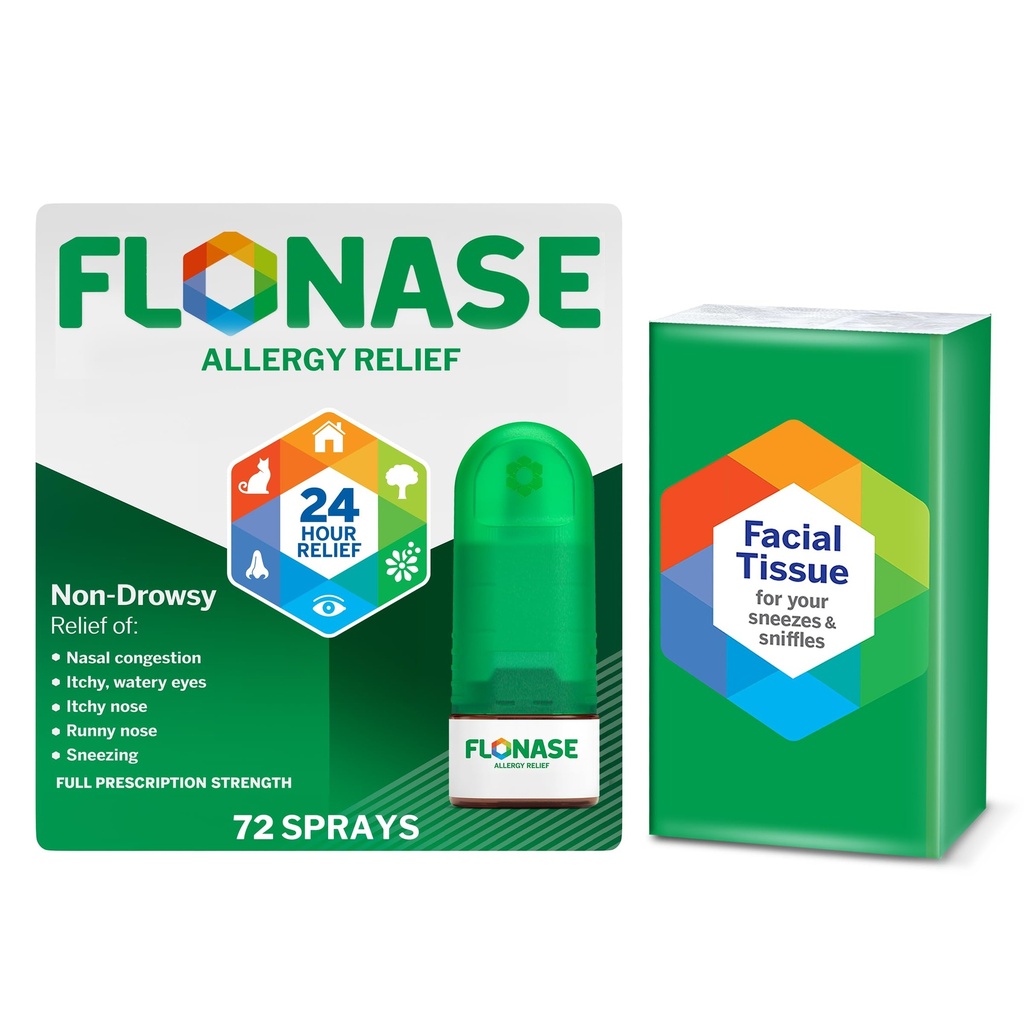 Spruzzo nasale ad allergia di Flonase, Rilievo Multi-Symptom 24 ore su 24 - 72 spruzzi più il pacchetto bonus di tessuti