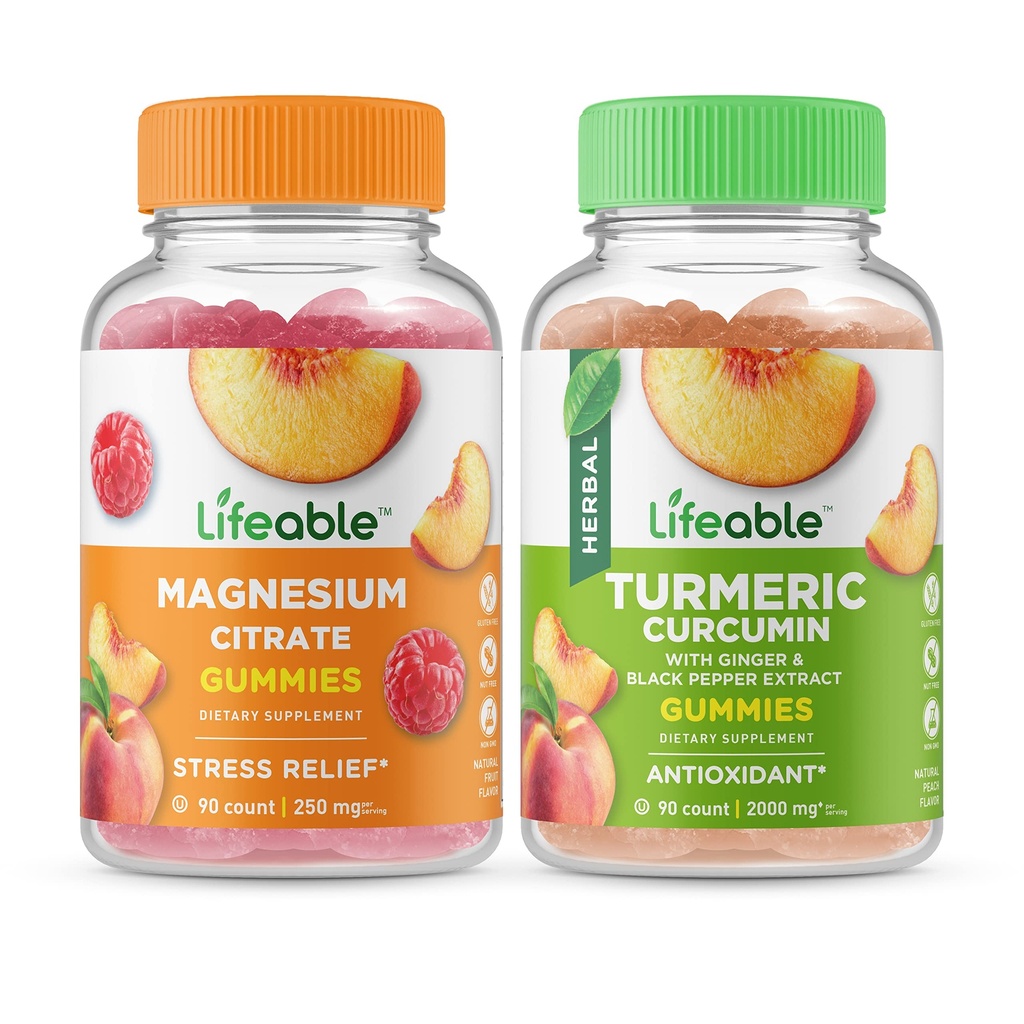 Magnesio di vita 85mg + Curcumina di curcuma, Gummies Bundle - Grande Degustazione, Supplemento di vitamina, Senza glutine, OGM libero, pancia masticabile