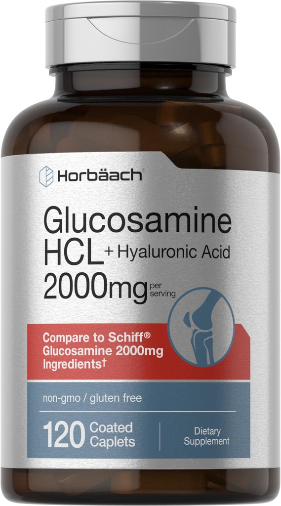 Horbäach Glucosamine HCL | con acido ialuronico | 2000mg | 120 Capelli ricoperti | Non OGM & Gluten