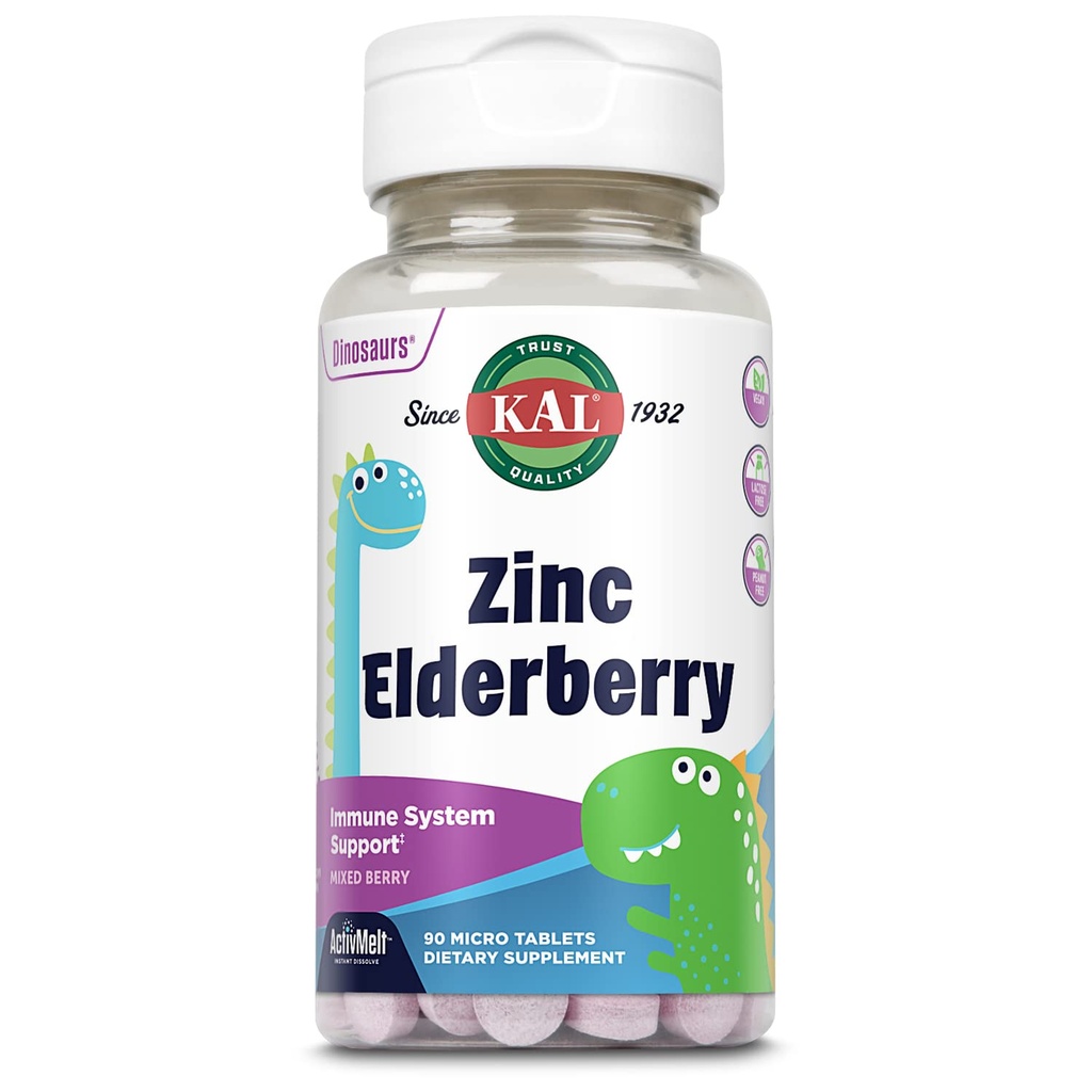 KAL bambini Zinc Elderberry Dinosauri, Integratore di supporto immunitario* per i bambini w/ Sambucus Elderberry, Fast Dissolving Mixed Berry ActivMelts, Divertimento, Tasty Dino Shapes, Vegan, 90 Servings, 90 Micro Tablet