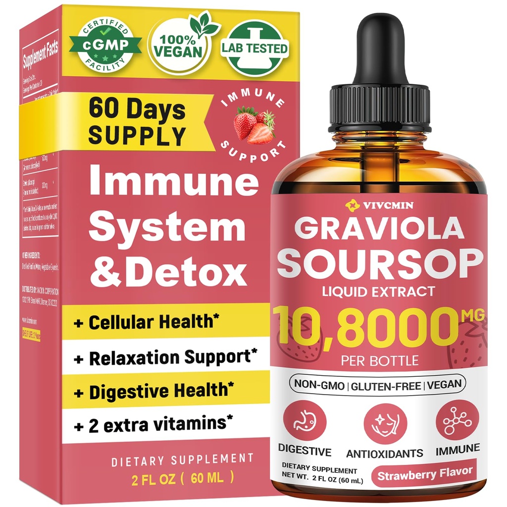 Graviola Soursop Leaf Extract Liquid - Soursop Bitters Liquid, Support Immune, Relax, Liver and Sleep, Sugar & Alcohol-Free, Formula altamente assorbibile, Sapore di fragola, 2 Fl Oz