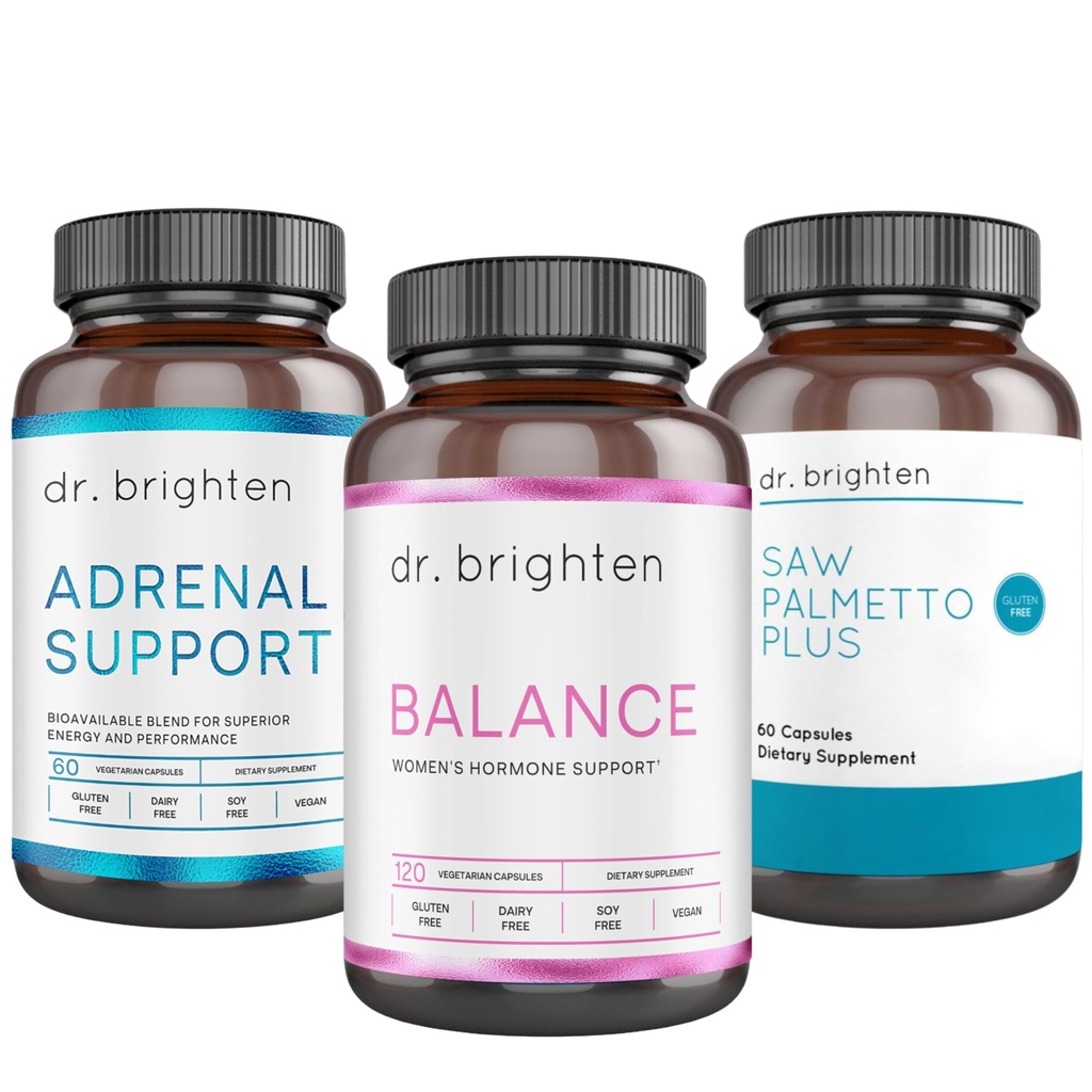 Dr. Brighten PCOS Basic Kit - Equilibrio dell'ormone femminile, supporto surrenale, e Saw Palmetto Plus