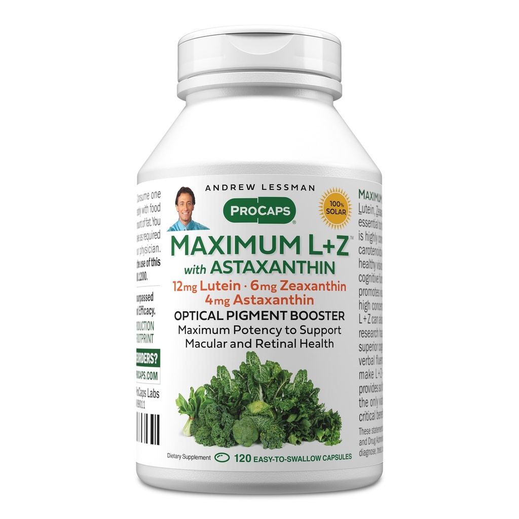 ANDREW LESSMAN Maximum L+Z con Astaxanthin 120 Softgels - 12mg Lutein, 6mg Zeaxanthin, 4mg Astaxantina. Nutrienti chiave per sostenere la salute degli occhi e del cervello, e promuovere la visione sana.
