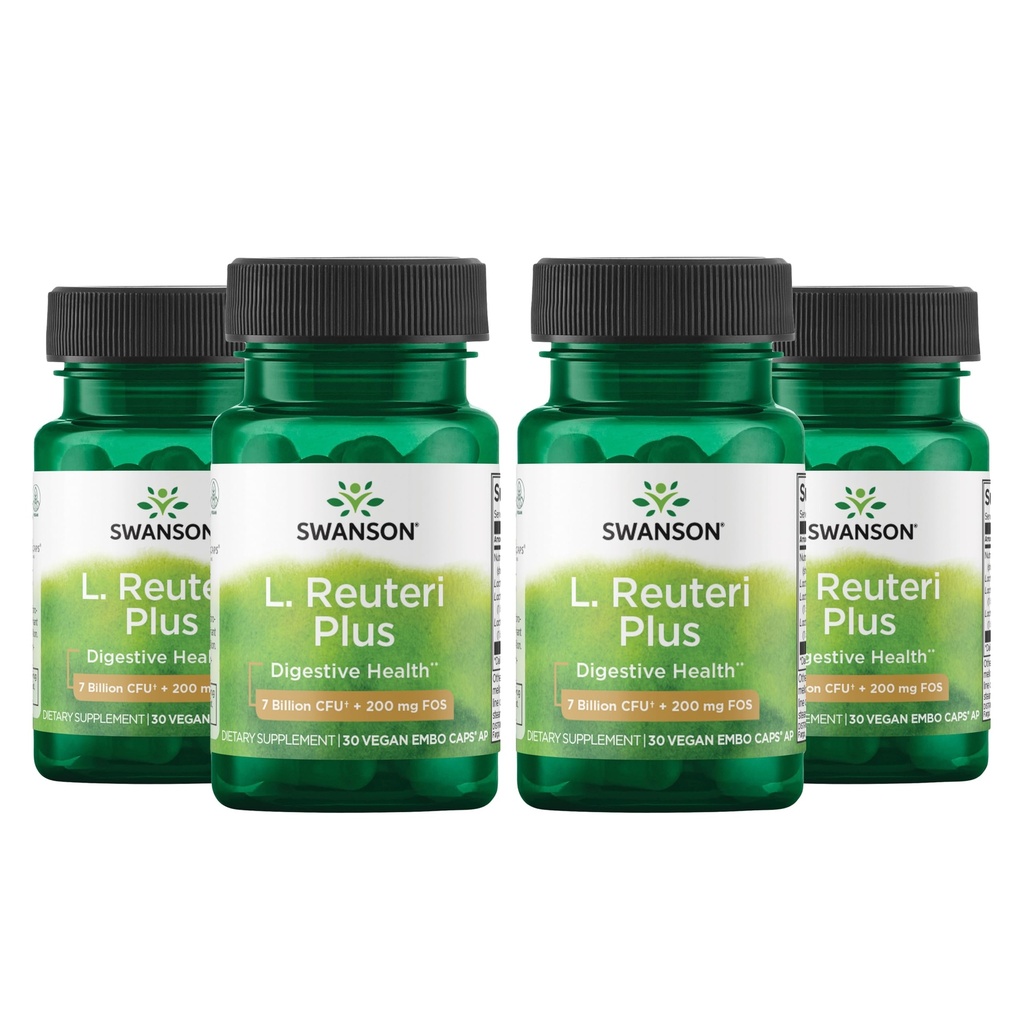 Swanson L. Reuteri Probiotic Plus w/L. Rhamnosus L. Acidophilus & FOS Prebiotic Digestive Support - Promuove Gut Health w/ 7 miliardi di CFU per Capsule - (30 capsule vegetali) (4 Pack)