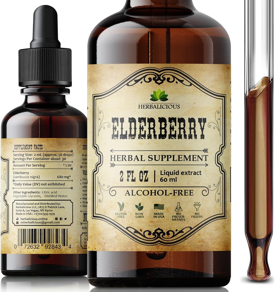 Estratto di mirtillo organico – Integratore naturale di erbe di sambuco nero – Booster immuni per adulti, supporto digestivo e cuore – Antiossidanti, vitamina C & fibra – 2 oz liquido per uomini e donne