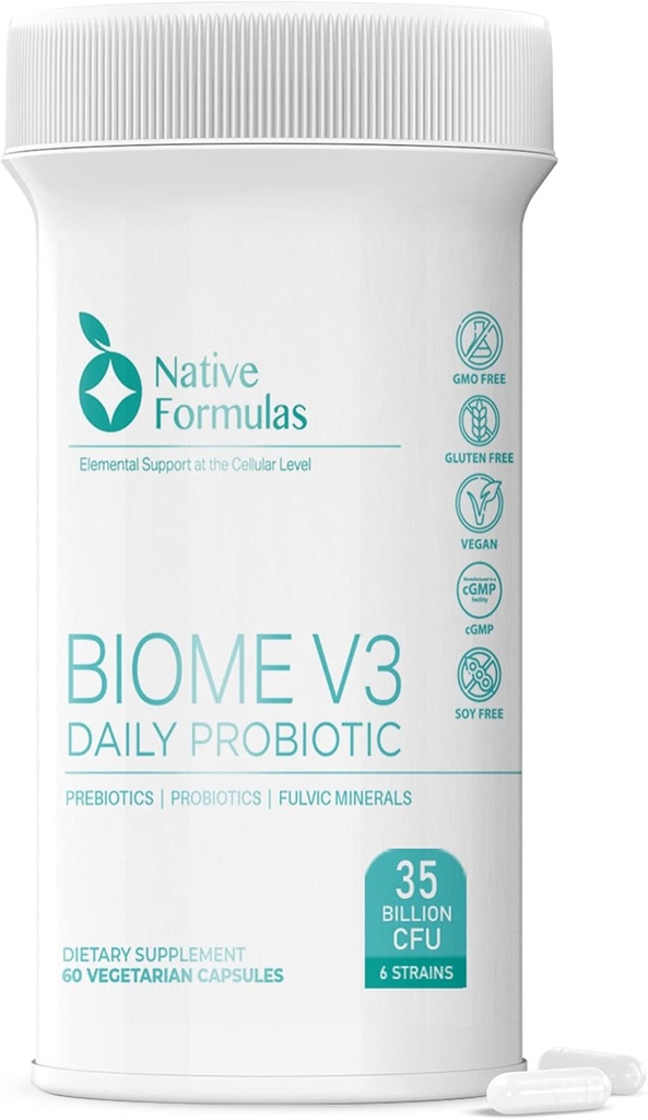 Formulazioni native Biome V3 Probiotici, Prebiotici, & Minerali Fulvi - 35 miliardi di CFU - 6 strati - 60 capsule vegane - Donne & Uomini - FODMAP Amichevole - Supporti Digestivo, Immune & Gut Salute