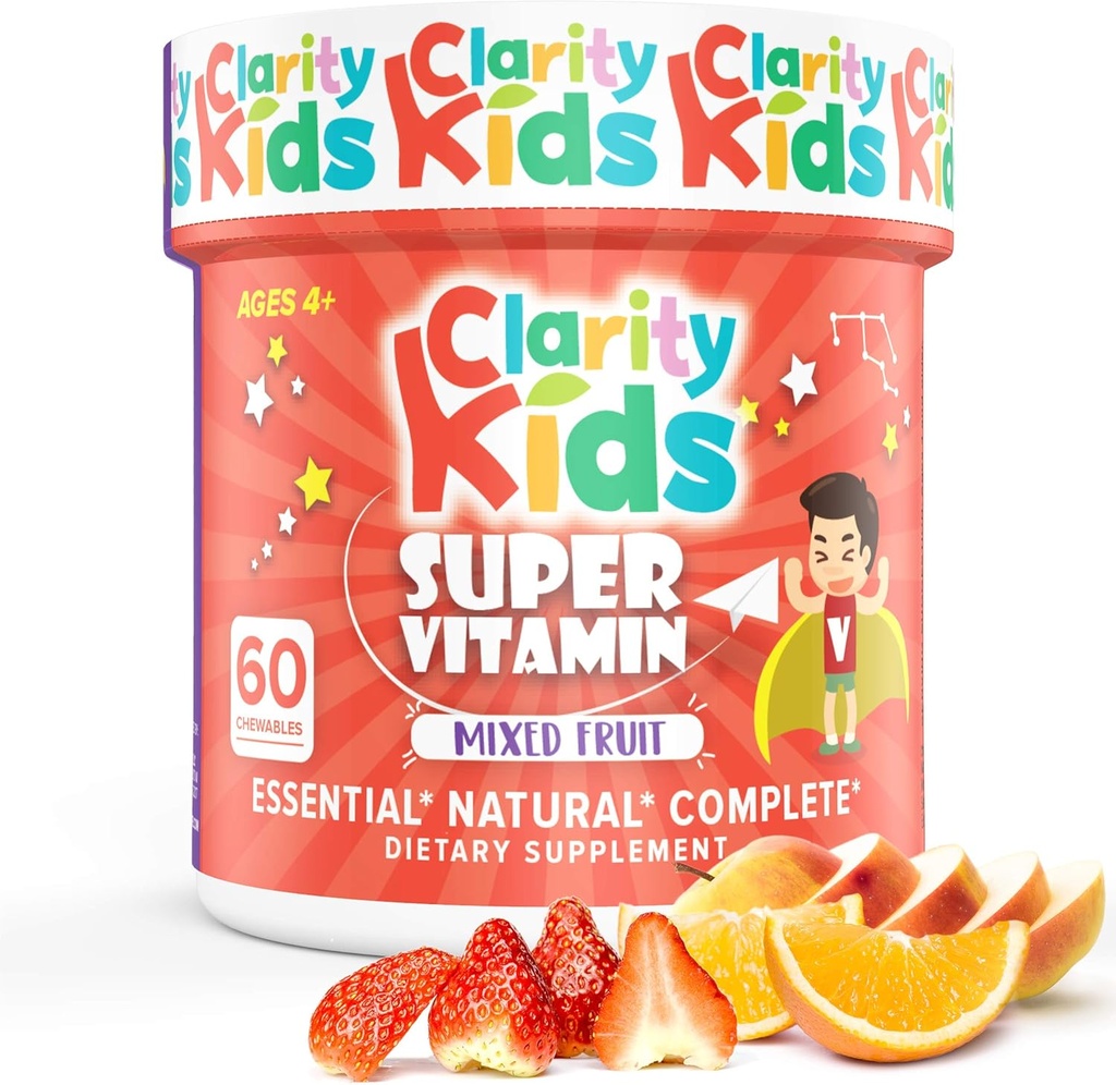 Clarity Kids Super Vitamin Multivitamin per bambini | Vitamina C, Vitamina D, & Zinc | Tutta la Masticabile Naturale per il Supporto Immune per Bambini | USA Fatto Supplemento | 60 Pezzi (30 giorni di alimentazione)