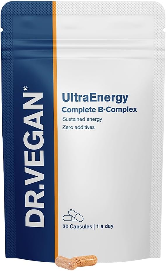 DR.VEGAN UltraEnergy | High Strength B Vitamin Complex, 30 Vegan-Friendly Capsule | Include vitamina B12 (100ug), Choline (50mg), Biotin (50ug) e Folate (200ug) | One-A-Day