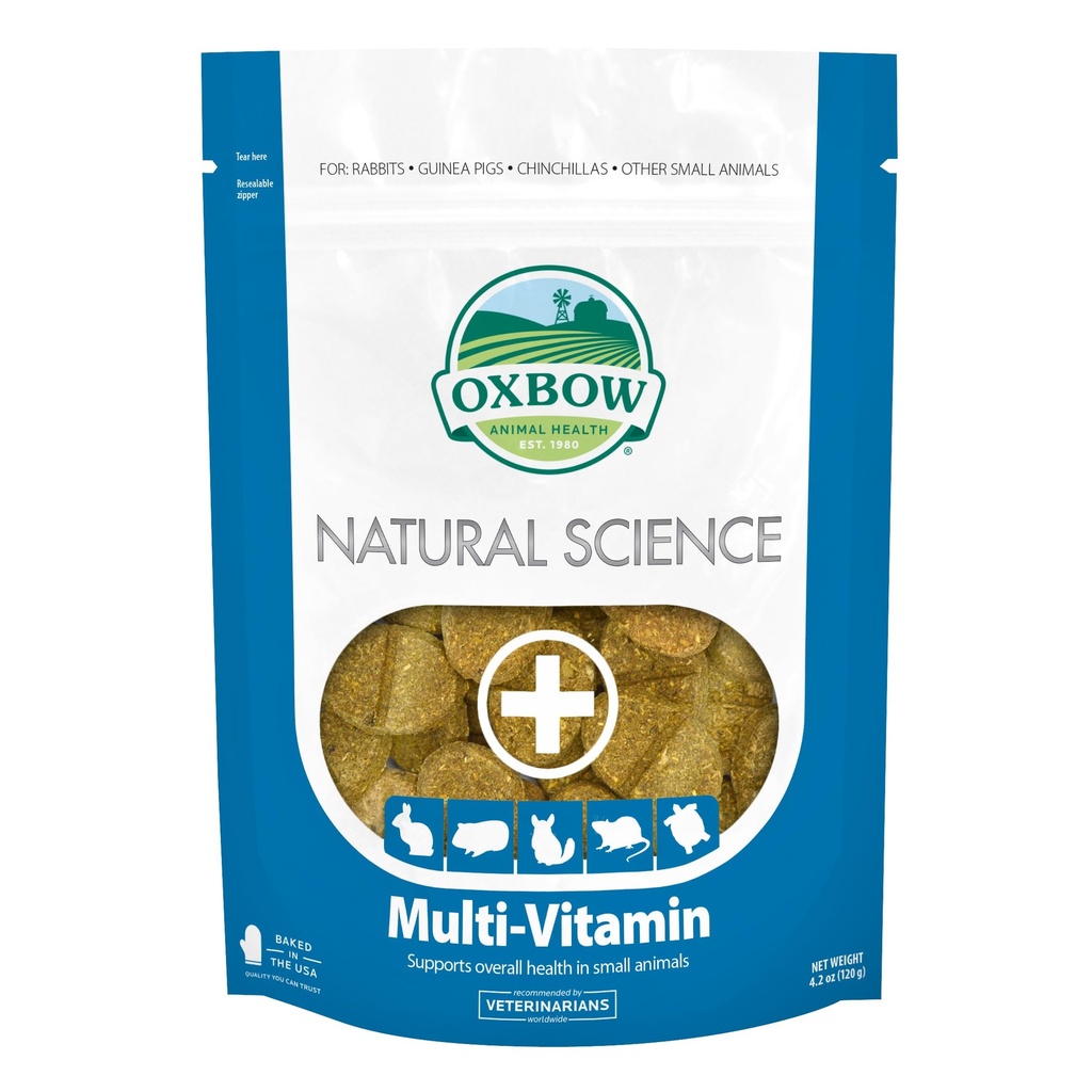 Oxbow Natural Science Multi-Vitamin, High Fiber Supplement for Rabbits & Guinea Pigs, Made with Timothy Hay, Multi-Pet Households, Omega 3 & 6 acidi grassi, Made in USA, 4.2 oz Bag