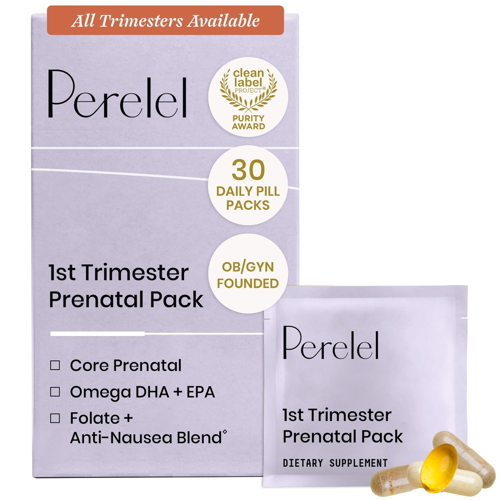 Perelel 1st Trimester Prenatal Pack, Multivitamin with Folate, Vitamina D, Omega 3, Iron & Ginger, Supporto nutrizionale per la gravidanza precoce, Soy & Gluten Free, Non OGM, 30 pacchetti di pillole giornalieri