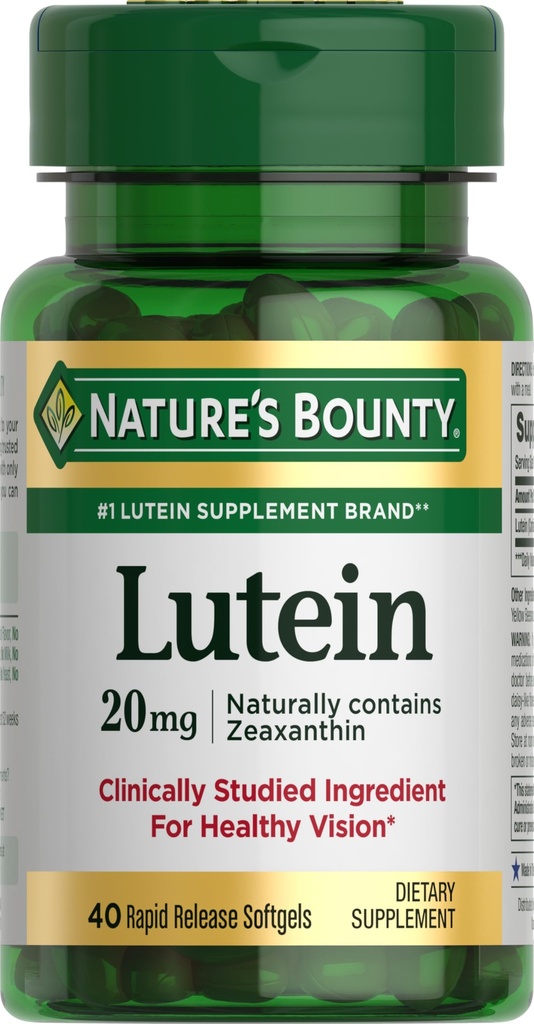 Pillole di Luteina di Bounty della natura, Integratori di salute degli occhi e Vitamine, Salute di visione di sostegno, 20 mg, 40 Softgels