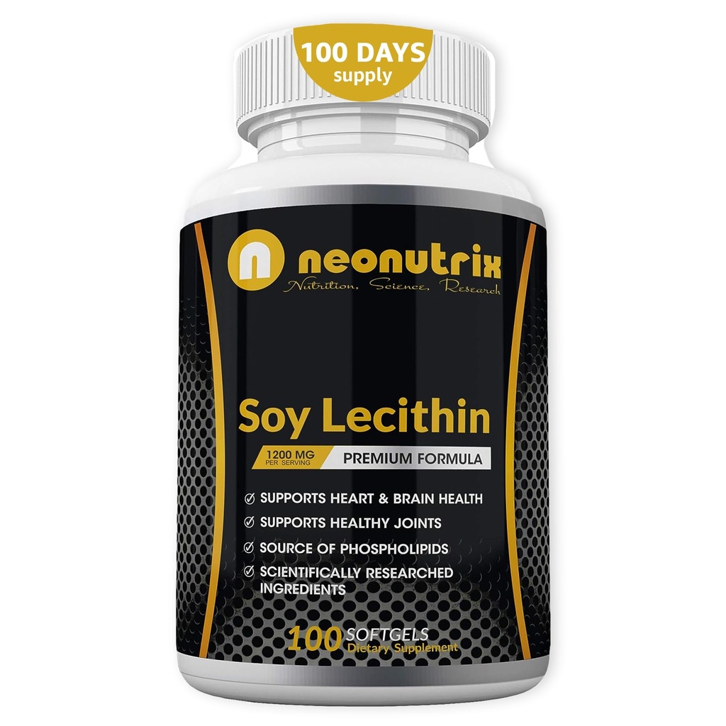 Soy Lecithin Capsule 1200mg (One a Day, 100 Softgels) Integratore di supporto Immune Ricco di Phospholipids Supporta Metabolismo, Brain & Heart Health & Cell Funzioni Fatto negli Stati Uniti Non OGM da Neonutrix
