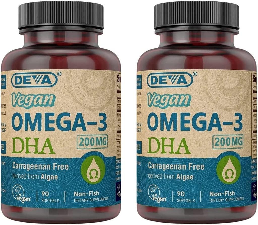 DEVA Vegan Omega-3 DHA Supplemento - Una volta per giorno Softgels 200 MG - Carrageenan Free - Gelatin Free - Non-Fish - Algae olio Omega-3 acidi grassi - 90 Softgels (Pack of 2)