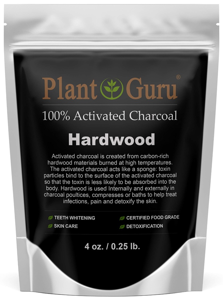 Polvere di carbone attivata del Guru della pianta 4 oz. HARDWOOD - Grado alimentare Kosher Non-OGM - Denti sbiancamento, Maschera facciale e sapone fabbricazione. Promuove la disintossicazione naturale e aiuta la digestione