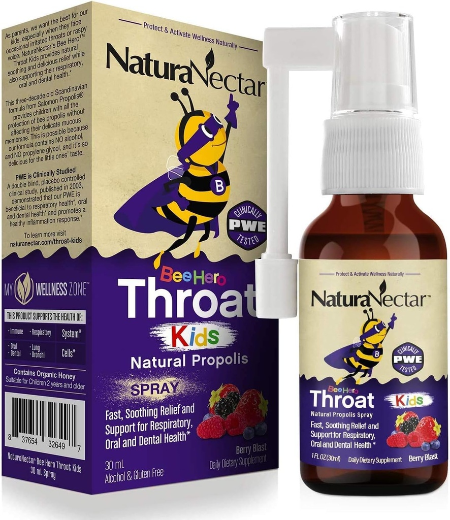 NaturaNectar - BeeHero Brazilian Bee Propolis Throat Spray - Rilievo per Bambini - per Comfort e Protezione - Esclusiva Berry Blast Flavor (1 confezione, 1 Fl Oz)