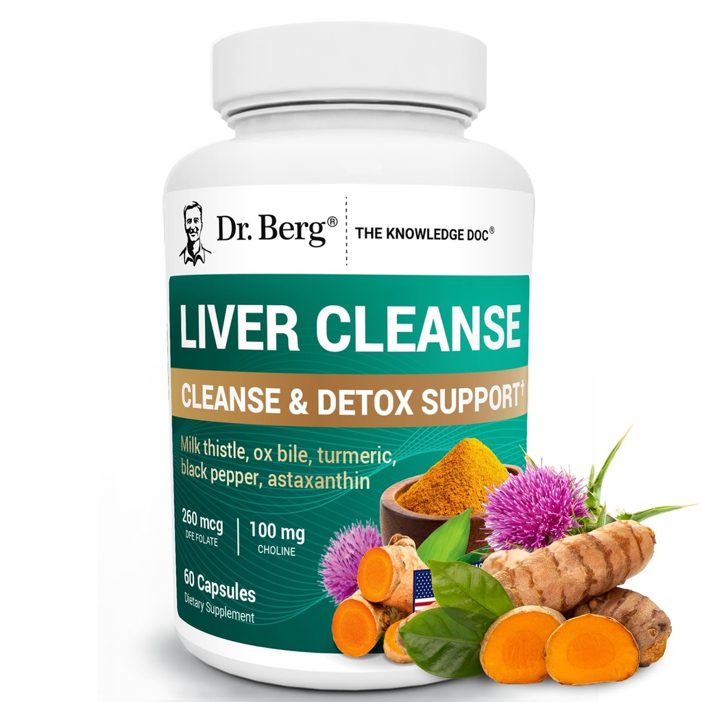 Dr. Berg Liver Cleanse Detox Capsule w/Unique Blend of Milk Thistle, Ox Bile & Folate - Integratore Liver Include Turmerico, Pepe Nero & Choline - 60 Capsule