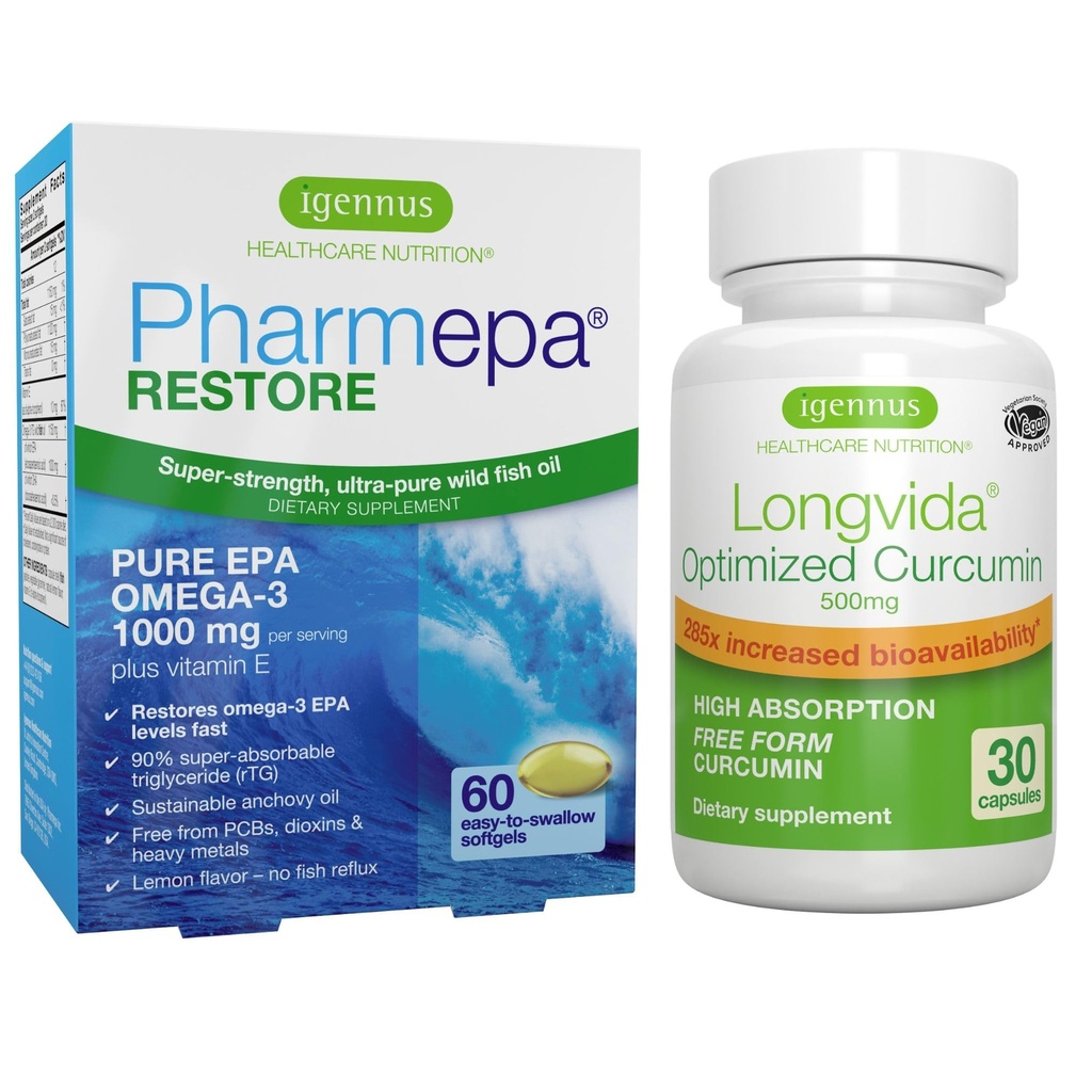Pharmepa Restore & Longvida Lipidated Curcumin 500mg Bundle, 1000mg Pure EPA Omega-3 Fish Oil & Ultra Biodisponibile Curcumina, da Igennus