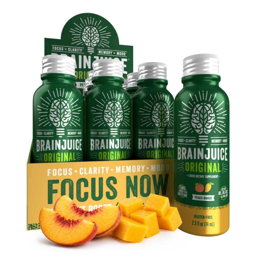Spazzola di sostegno del cervello, Gluten Free Supplement Shots for Energy & Focus, Bevande salutari con Alpha GPC, Vitamina B & Organic Green Tea Extract Caffeine, Peach Mango, 2.5 fl oz, 12 Pack