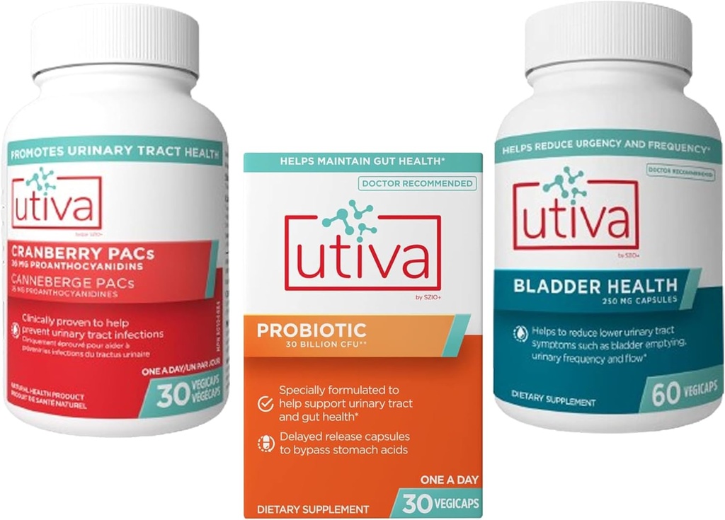 15% Bundle Utiva Cranberry PACs Supplemento per la salute del tratto urinario 30 Vegi Capsule + Utiva Probiotico per la salute del tratto urinario 30 Delayed Release Vegi Capsule + Utiva Bladder Health 60 Capsule