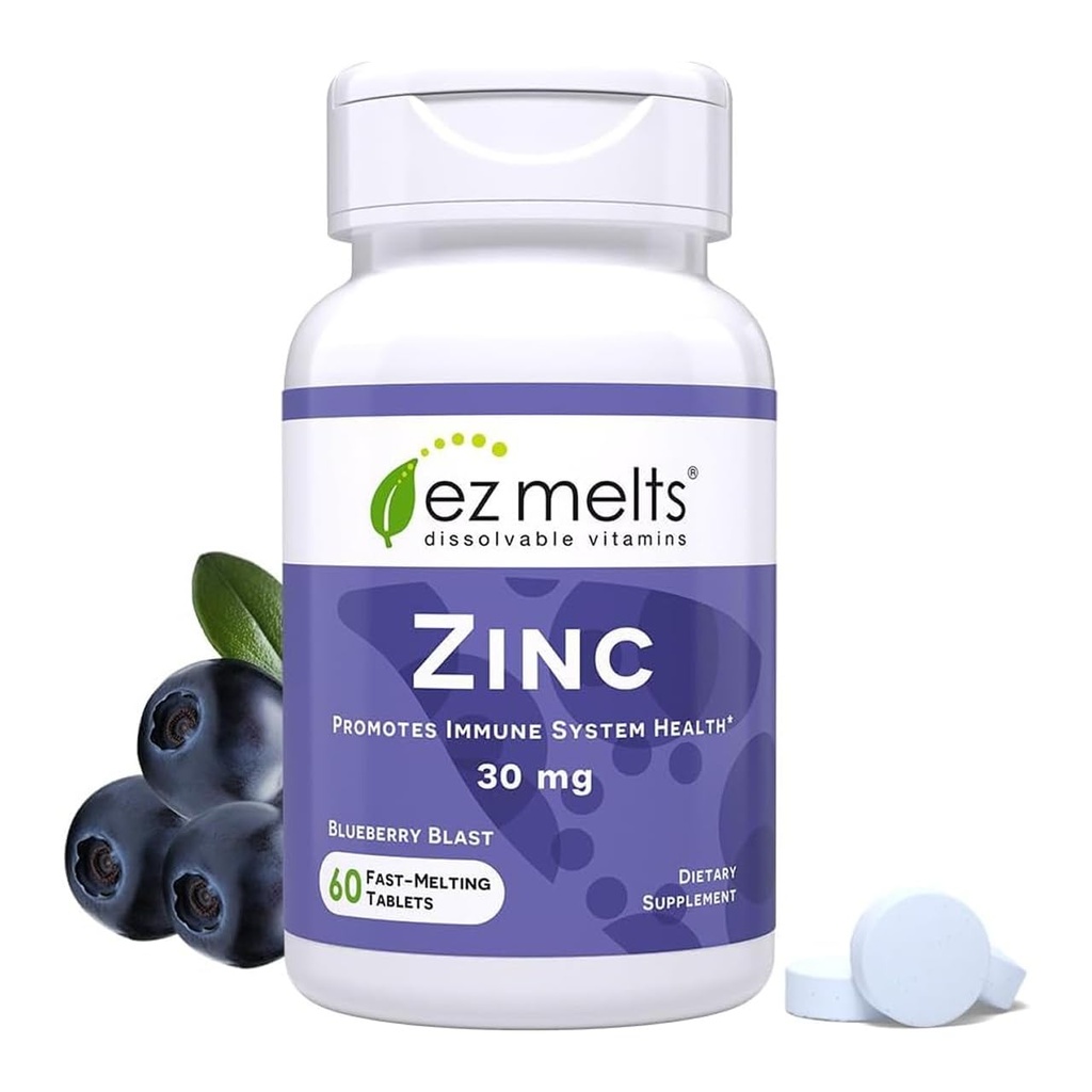 EZ Melts Zinc - Supplemento per Immune, Digestivo & Skin Health Support - Non OGM, Vegan & Gluten-Free - Blueberry Blast - 60 Compresse dissolubili (60 Serve)