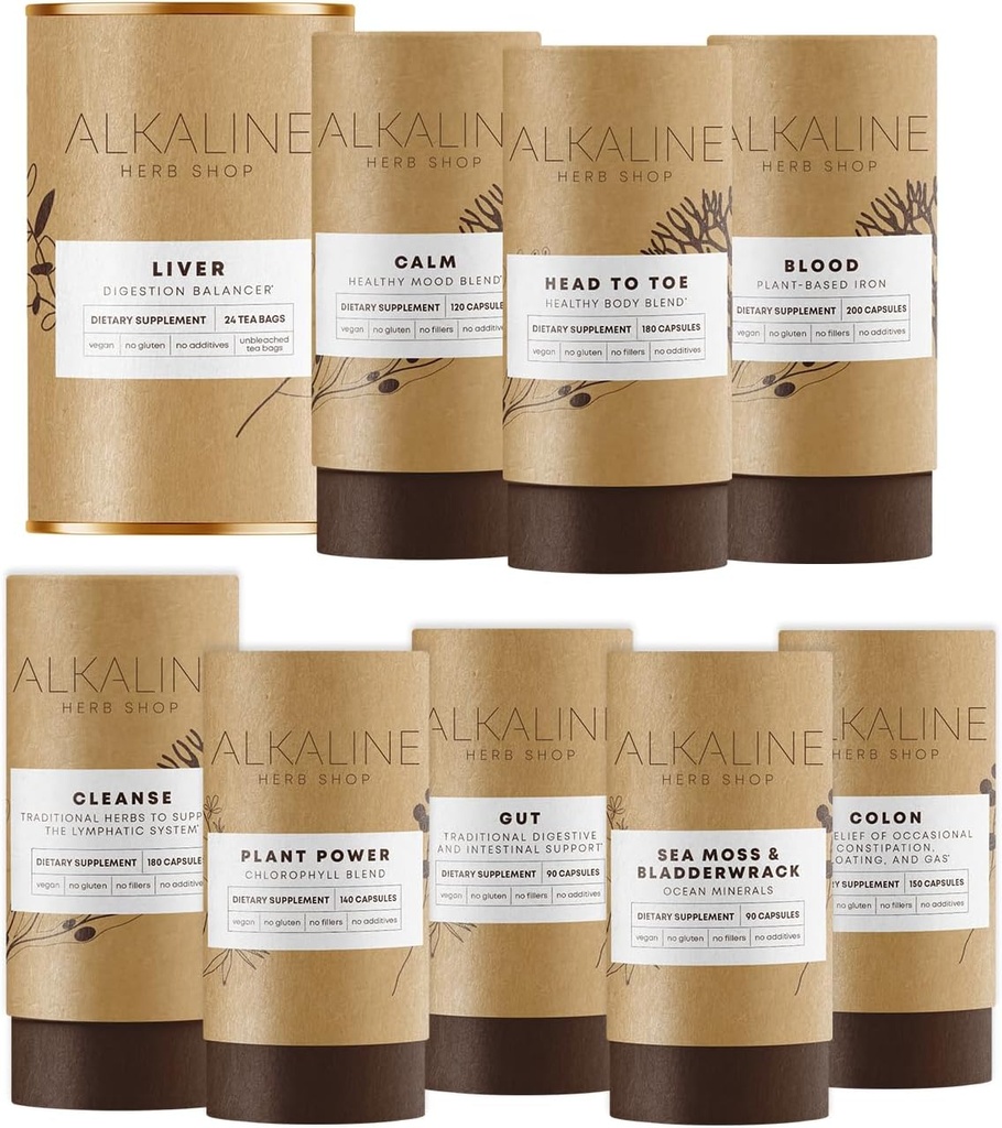 Alkaline Herb Shop Il corpo Essentials Bundle - Sea Moss & Bladderwrack, Chlorophyll, Iron, Happy Healthy Body, Happy Colon, Happy Lymph, Gut, Happy Liver Tea e Happy Mood