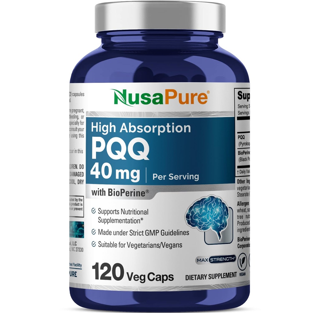 NusaPure PQQ Supplemento 40 mg, 120 capsule vegetali, Non OGM, Pyrroloquinoline Quinone Disodium Salt, Bioperine