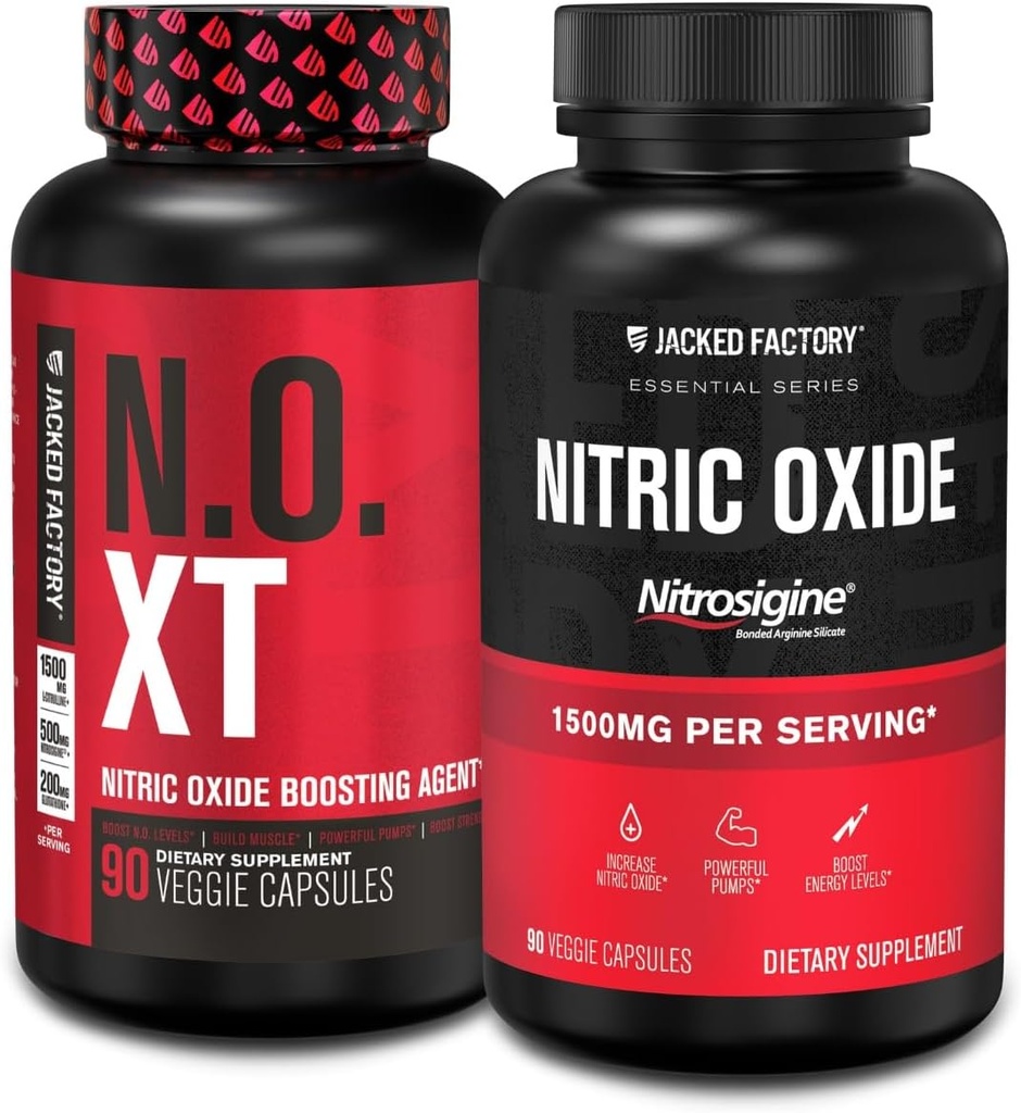 Jacked Factory N.O. XT Nitric Oxide Supplemento (90 capsule) & Nitrosigine L-Arginina Nitric Oxide Booster (90 capsule) per la crescita del muscolo, pompe, vascolarità & energia