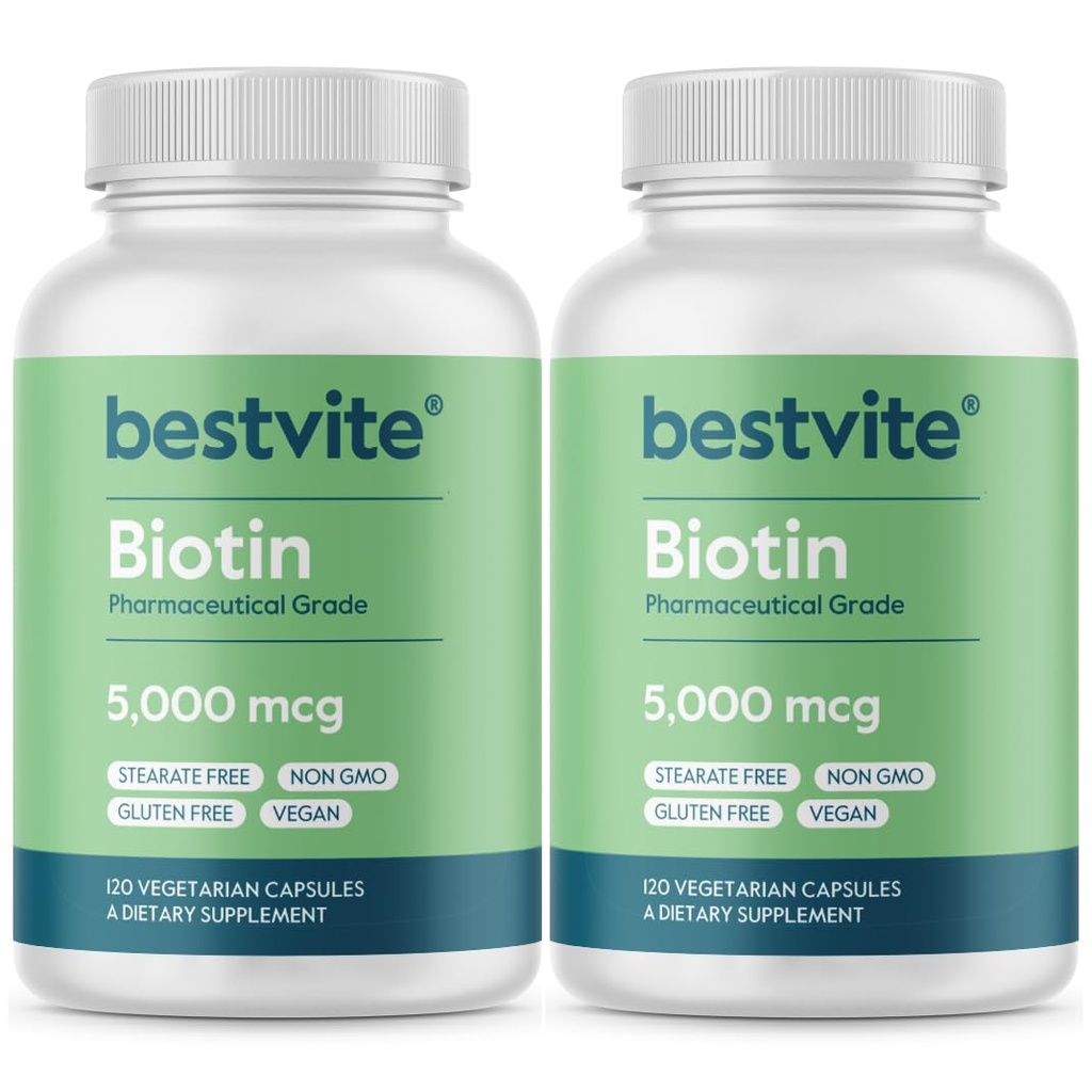 BESTVITE Biotin 5000mcg (240 Capsule Vegetariani) (120 x 2) - No Stearates - No Flow Agents - Vegan - Non OGM - Gluten Free - Hair, Skin, Nails