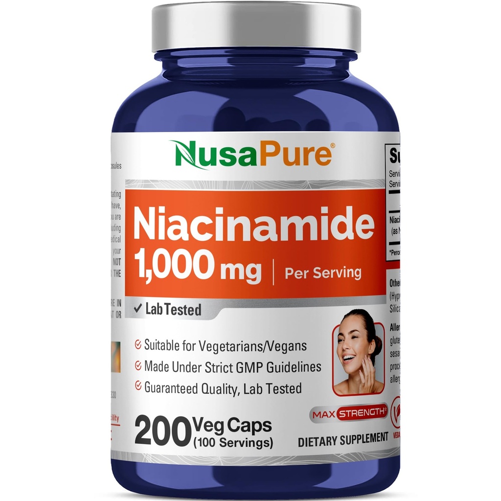 NusaPure Niacinamide 1000mg 200 capsule vegetali (non OGM, Vegan) Flush Free