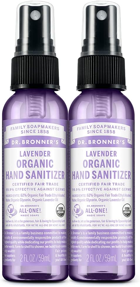 Dr. Bronner's - Organic Hand Sanitizer Spray (Lavender, 2 Ounce, 2-Pack) - Formula semplice ed efficace, Cleanses & Sanitizes, No Harsh Chemicals, idrata e pulisce mani
