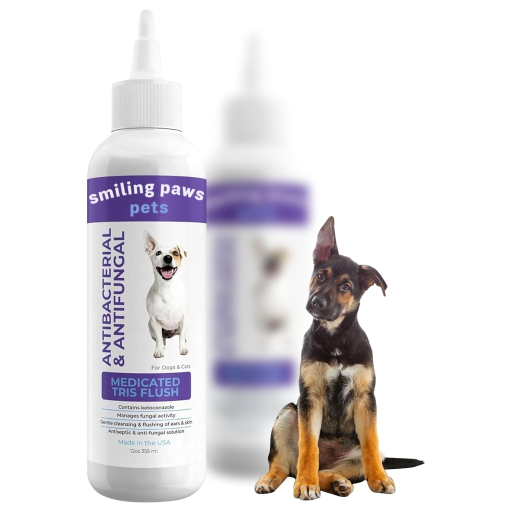 Smiling Paws Animali Medicated Tris Flush Dog Ear Cleaner Soluzione e trattamento di infezione per cani e gatti Ear Flush per cani Ear Cleaner per cani e gatti - Cat & Dog Ear Wash Contiene Ketoconazole 12oz