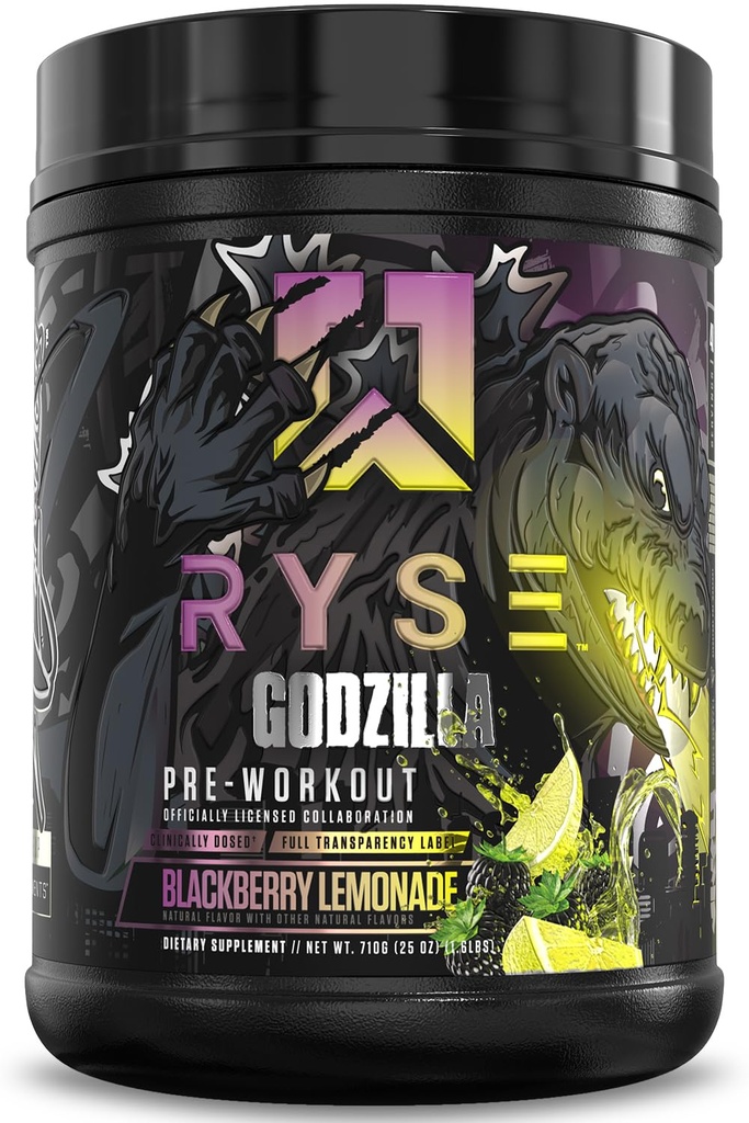 RYSE Godzilla X Noel Deyzel Pre Workout Powder - BlackBerry Lemonade - 400mg Caffeina, High Stim Pre-Workout per Uomini e Donne con Citrulline & Beta Alanine - Energy, Pump & Focus - 20/40 Servings