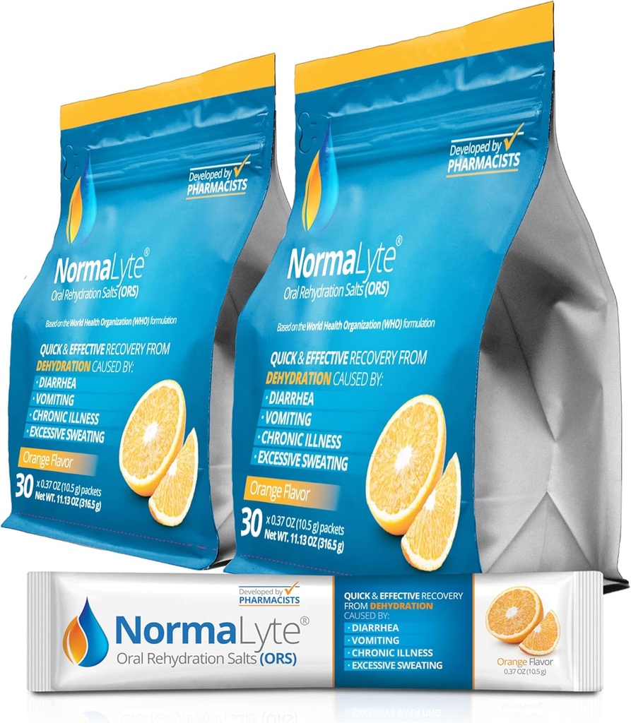 NormaLyte Oral Rehydration Salts-2 Pouches - 60 Sticks (Yields 500mL per Pack)-Orange| Integratori energetici, Supplemento di potassio, Recupero di disidratazione e assorbimento rapido