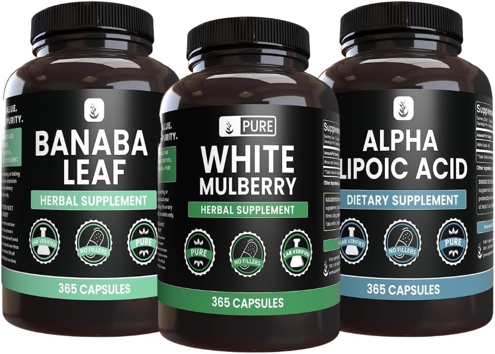 PURE ORIGINAL INGREDIENTI Gelso bianco, Acido alfa lipoico, Banaba Capsule Bundle (365 capsule), Pure & Undiluted, Verified Lab