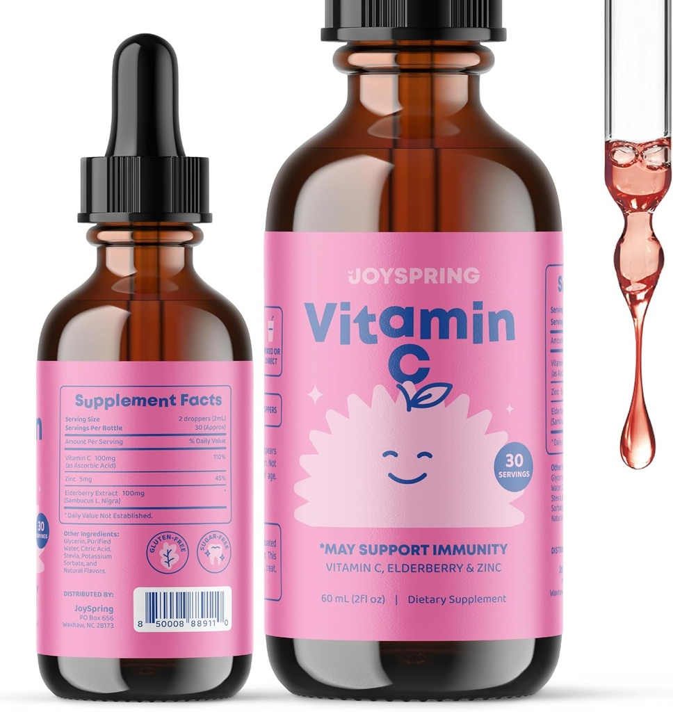 JoySpring vitamina C + gocce di sambuco + zinco per bambini supporto immunitario, gocce di genio per messa a fuoco, e vitamina D per i bambini