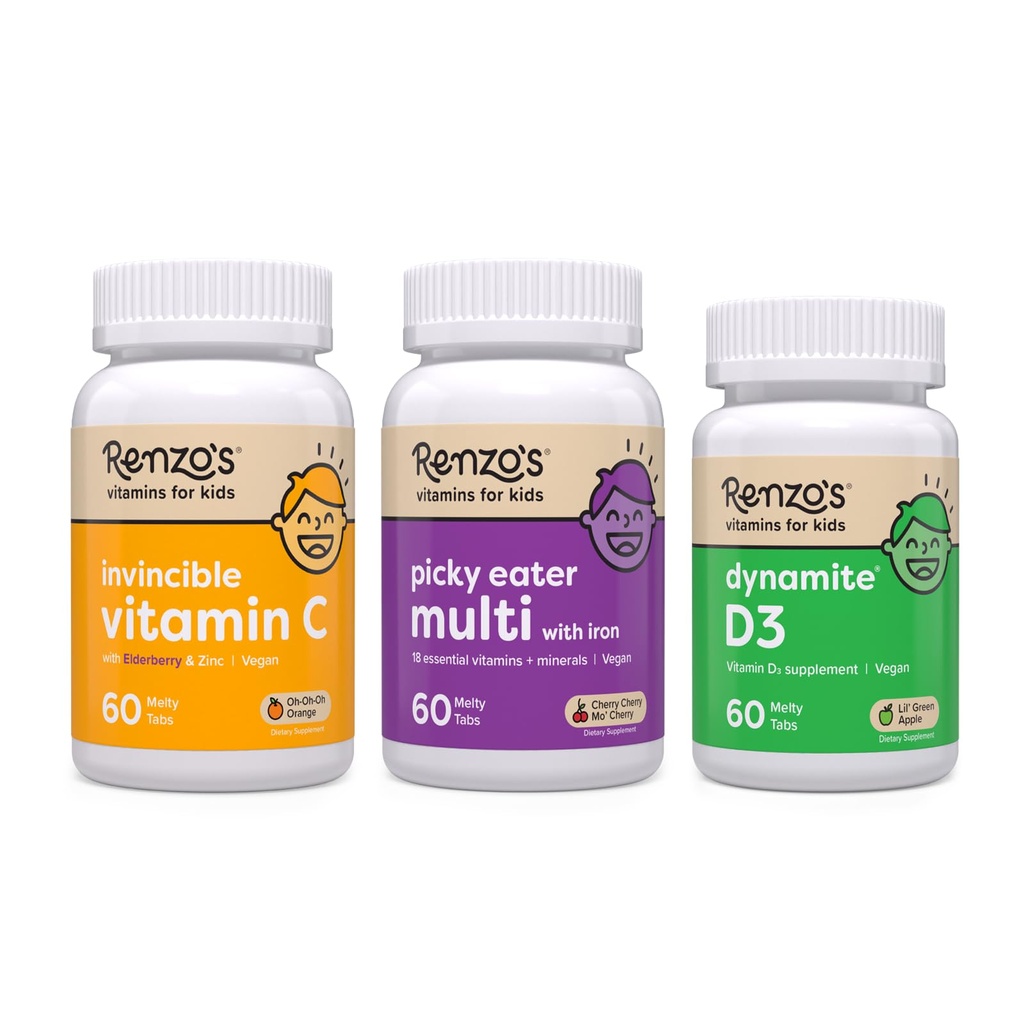 Bundle del costruttore di immunità di vitamine di Renzo - Vitamina C con il mirtillo e lo zinco per il supporto immunitario, l'etere Picky bambini Multivitamin, e la vitamina D3