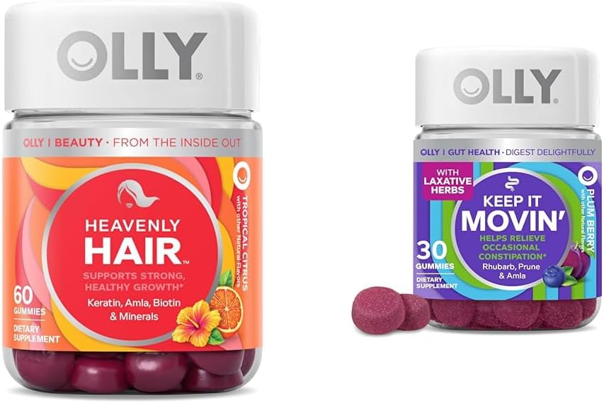OLLY Hair Gummies con Keratin & Biotin e Costipation Relief Gummies con Rhubarb & Prunes - 60 + 30 Conte