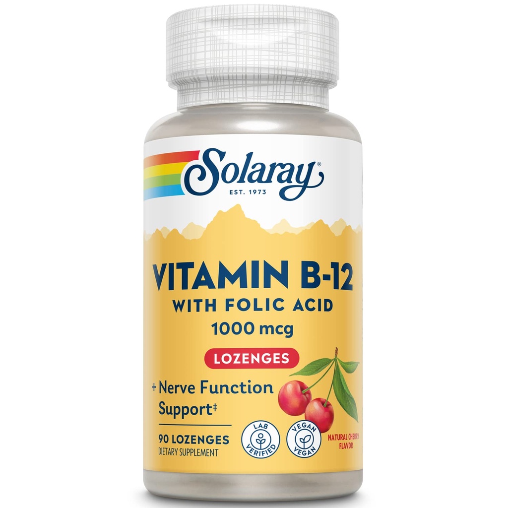 SOLARAY Vitamina B-12 1000mcg Lozenges con acido folico | Natural Cherry Flavor | Healthy Energy Support | 90CT