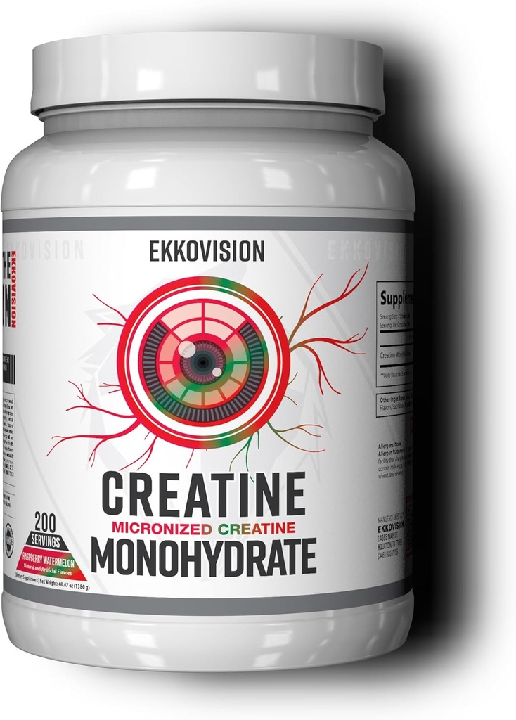 Polvere di monoidrato della creatina di Ekkovision, Micronized, Watermelon del lampone, Pre & post supplemento di allenamento per gli uomini e le donne, supporto energetico, facile da mescolare in Shakes, Smoothies & Beverages, 200 Serve